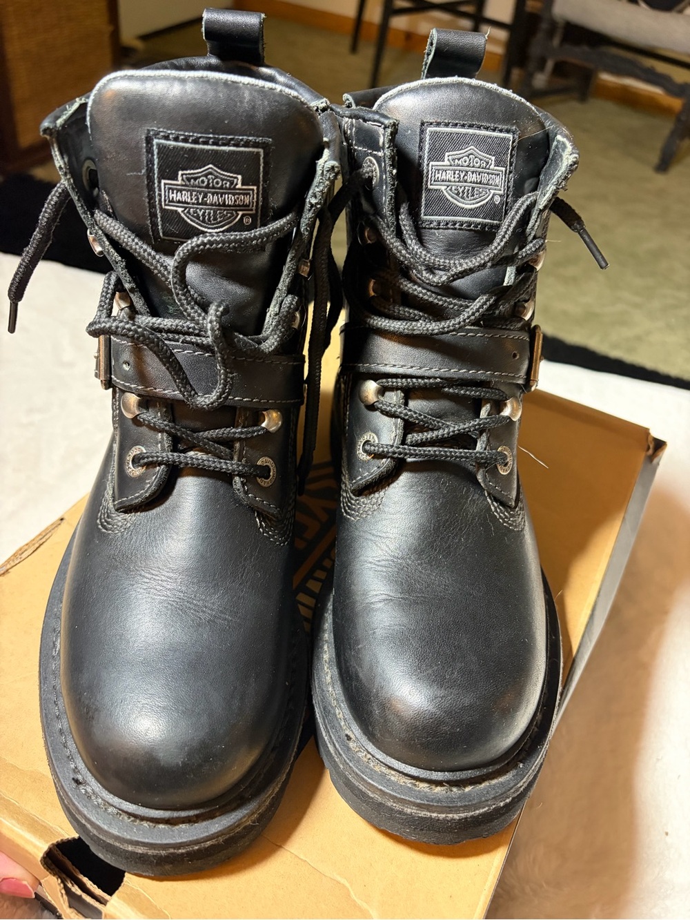 Harley-Davidson Black Leather Lace-Up Moto Boots with Buckle Strap